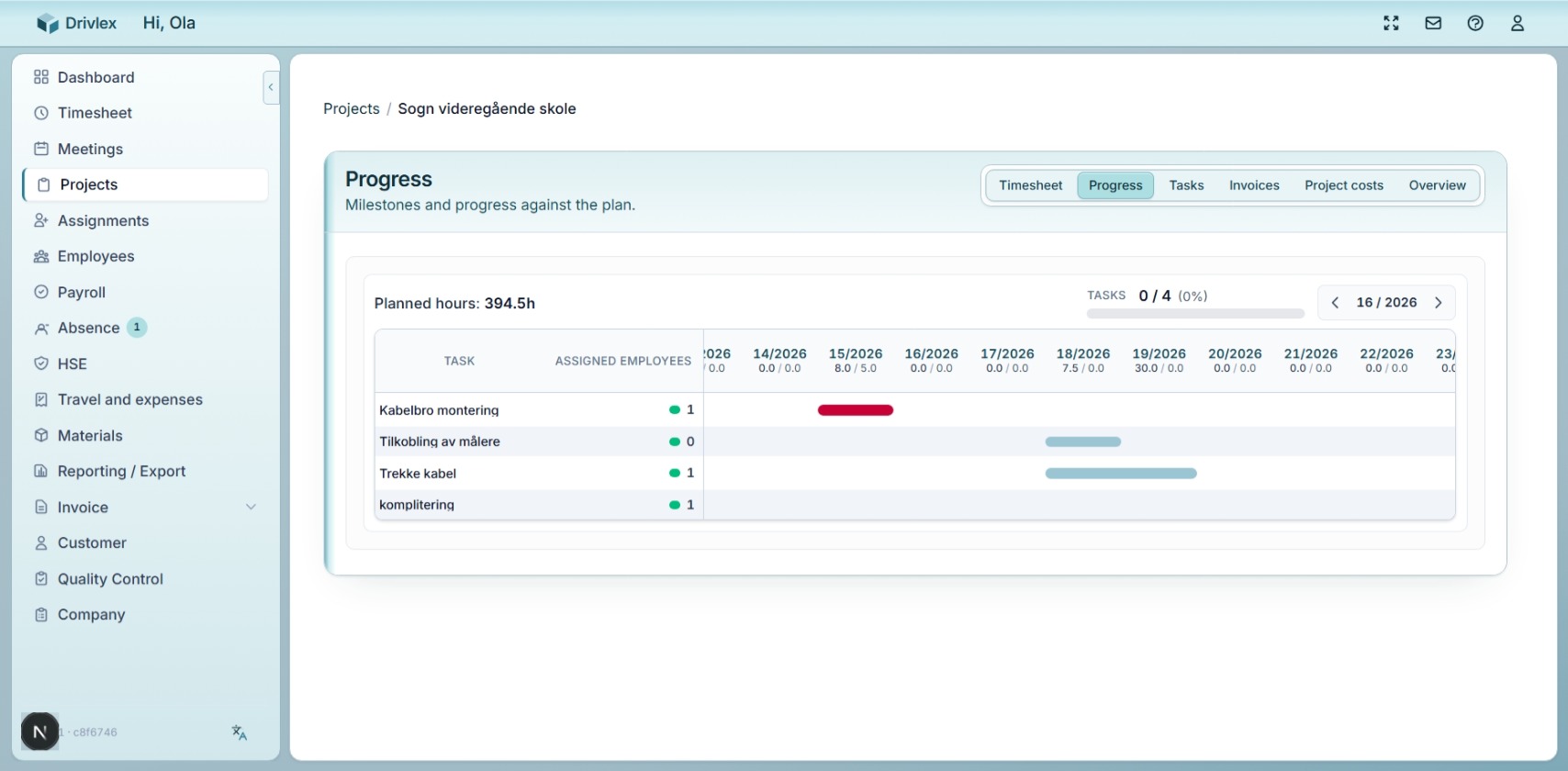 Illustration of project progress in Drivlex — plan and actuals together