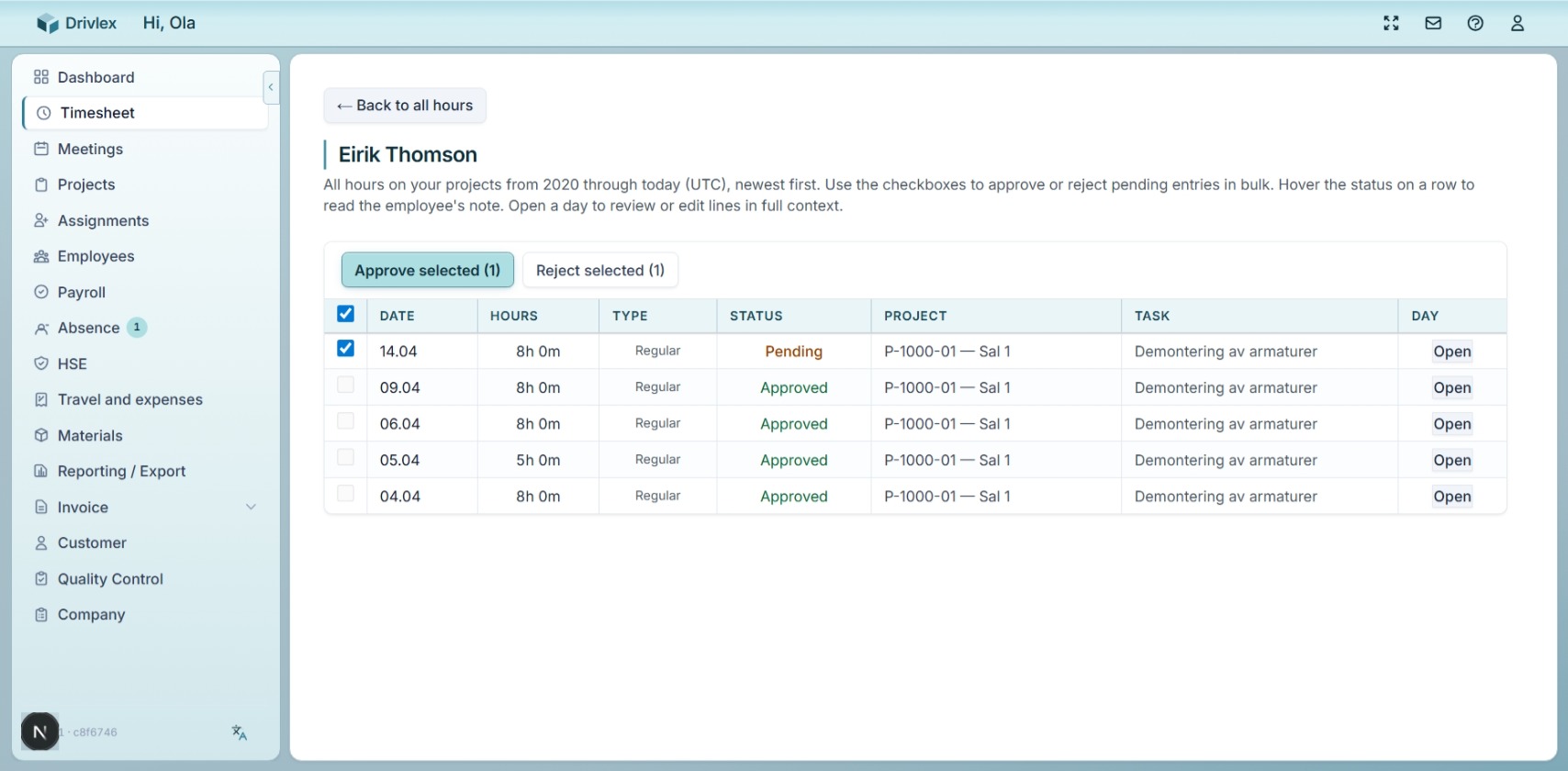 Illustration of time entry in Drivlex — week overview and clarity for the team